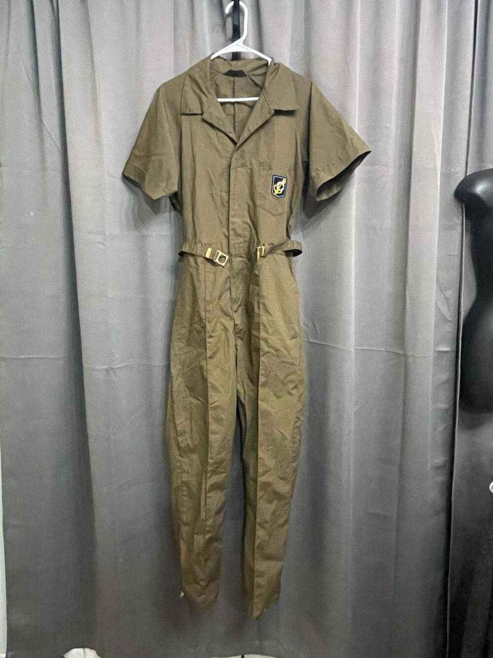 VTG 60s 70s CaPeR Alls Jumpsuit West Point Patch Olive Green Short Sleeve 38